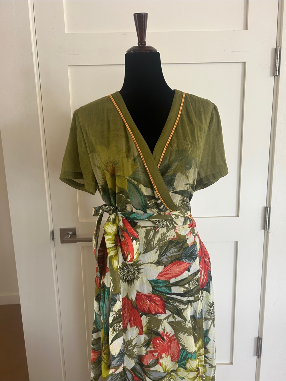 Soft Surroundings Olive Green Floral Maxi Wrap Dress
